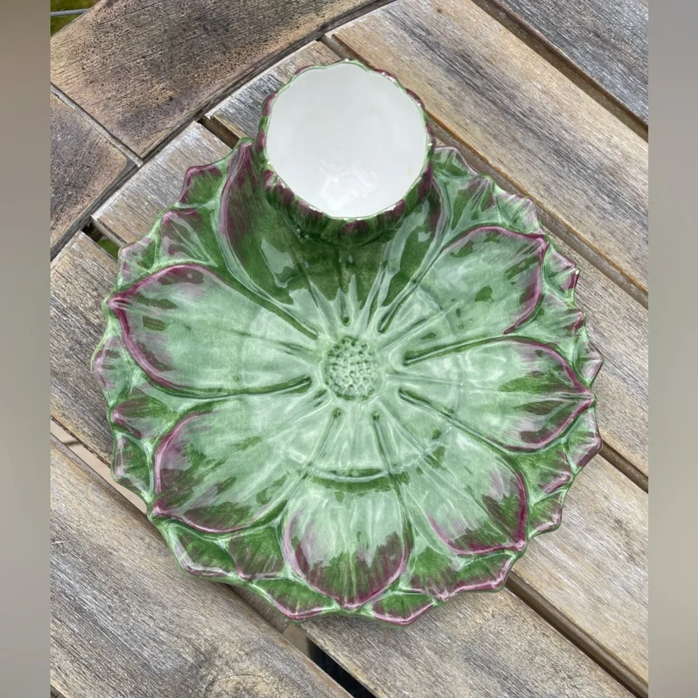 Vintage Sur La Table Green Majolica Artichoke Plate Attached Dip Dish 8” Italy